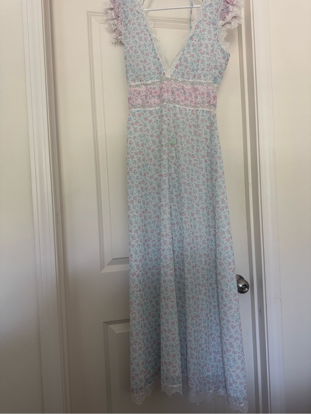 Altar'd State Pastel Floral Lace-Trim Chemise in Light Blue & Pink
